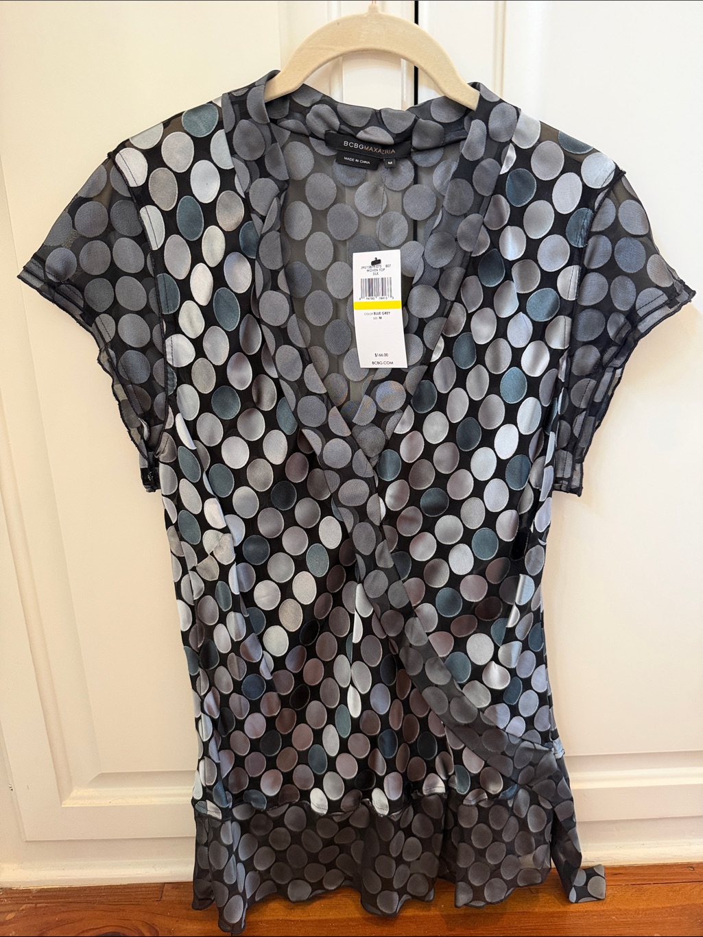 Bcbgmaxazria Black & Gray Polka Dot V-Neck Wrap Blouse Shorts Sleeve Sheer Top